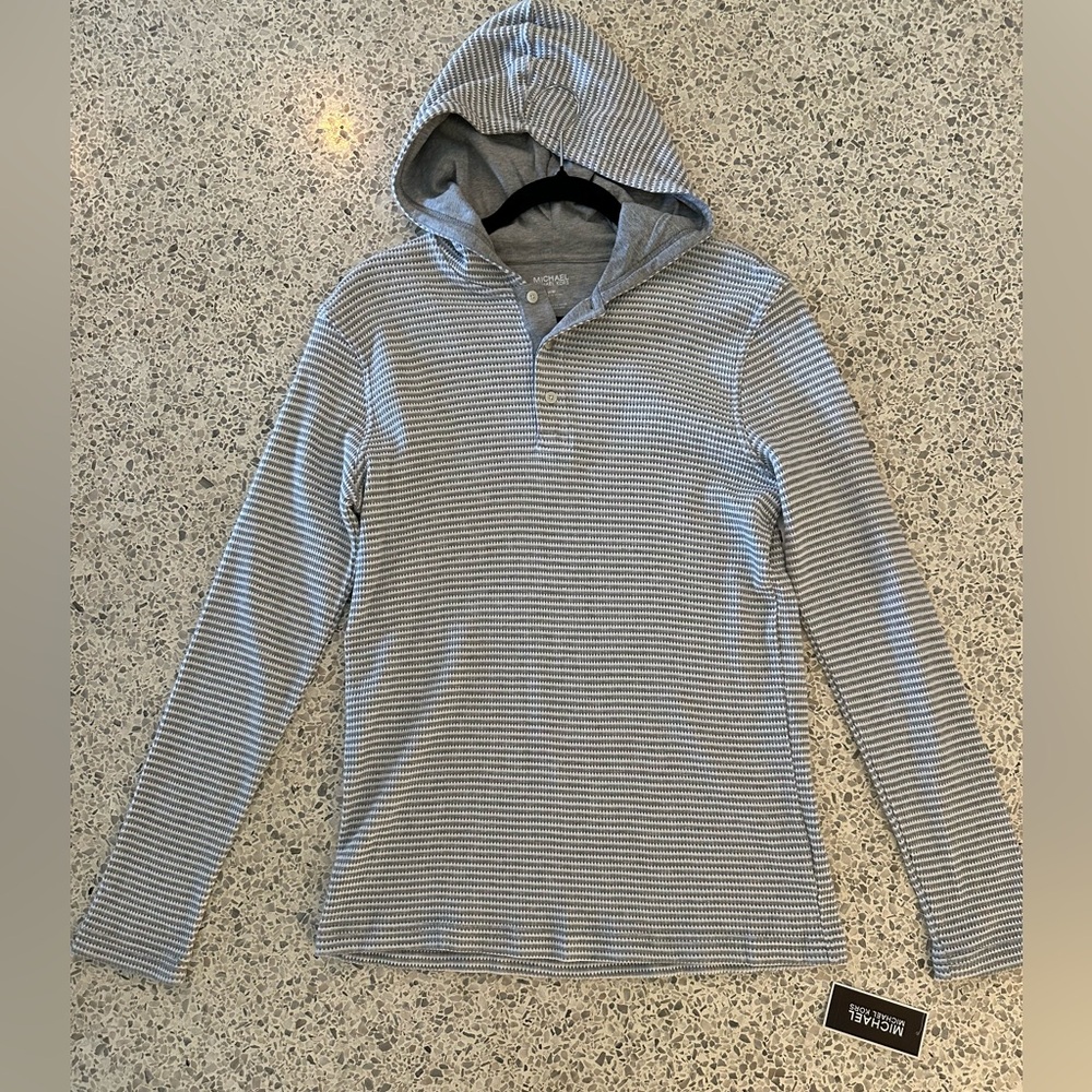 Michael Kors Men's Grey/White Striped Thermal Hooded Pullover
